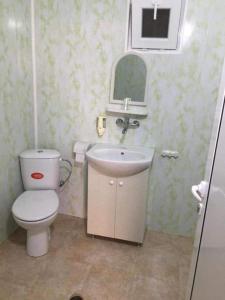 a small bathroom with a toilet and a sink at Комплекс Дворъ in Varna City +3 photos
