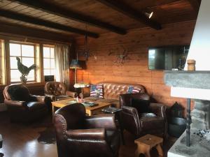 a living room with leather furniture and a fireplace at Fjällstuga Lofsdalen in Lofsdalen