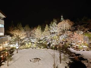 Un jardín cubierto de nieve y árboles por la noche. en Hirayukan, en Takayama