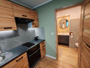 a kitchen with wooden cabinets and a sink and a mirror at Apartament Mała Twierdza in Srebrna Góra