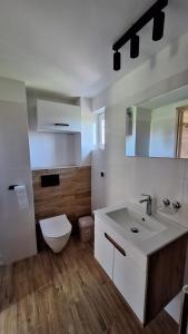 a white bathroom with a toilet and a sink at Domek Nad Stawem Bory Tucholskie in Świekatowo