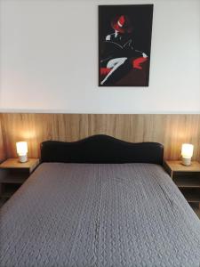 a bedroom with a bed with two lights on two tables at Sunrise Apartman in Siófok