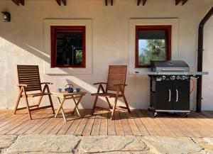 MalešovにあるSunrise Tiny House Malešovのパティオ(椅子、グリル、テーブル付)