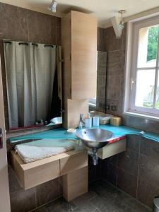un baño con lavabo y espejo en Maison Saint Pierre, en Chartres 21 fotos más