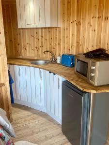 a kitchen with a counter with a microwave and a sink at Silo Blue in Great Dunmow