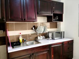 a kitchen counter with a sink and a microwave at Furnished Luxury 2-bedroom apartment -Vanguard X ,Cloud 9 in Douala +2 photos