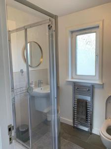 a bathroom with a shower and a sink and a mirror at 3 Bedroom Cosy Home In Fife in Cardenden