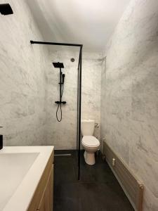 a bathroom with a toilet and a shower in it at Centre village station ski in Saint-Gervais-les-Bains