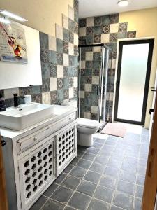Un baño con lavabo, inodoro y ducha. en Casita Tiaré Lajares, en Lajares 18 fotos más