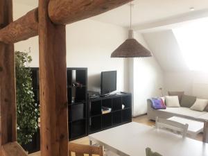 a living room with a couch and a tv at Friedas Haus - Ferienwohnung Nähe Golfplatz in Blankenhain
