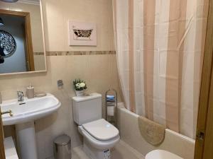 a bathroom with a white toilet and a sink at Alojamiento fiordos leoneses Boñar in Boñar +16 photos
