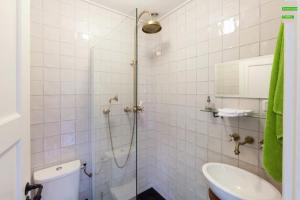 uma casa de banho com um chuveiro, um WC e um lavatório. em Bos Huisje em Putten