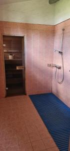 una cabina doccia con un tappeto blu in un bagno di Jõekääru Camping a Valgeranna