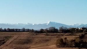 a field with a mountain in the background with mountains at MOBIL-HOME Ferme La Fée Spiruline AURIGNAC in Aurignac