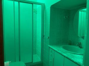 a green bathroom with a sink and a mirror at Agriturismo Poggiacolle in Montecalvo Versiggia
