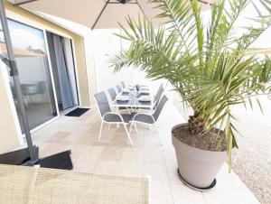 a patio with a table and a potted plant at Le PRESTIGE 152 proche aéroport -gare Lyon -groupama stadium-ldlc arena in Colombier-Saugnieu