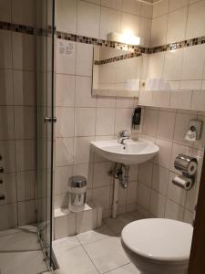 a bathroom with a toilet and a sink and a shower at Uschi's Gasthof in Neuendorf