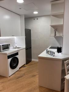 a kitchen with a washing machine and a stove at AR Apartamentos Manzanares El Real in Manzanares el Real