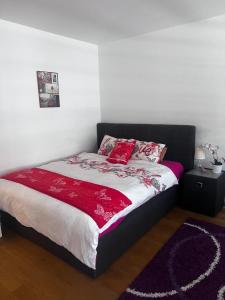a bedroom with a bed with a red comforter at Apartments in Bern - Green Relax in Bern