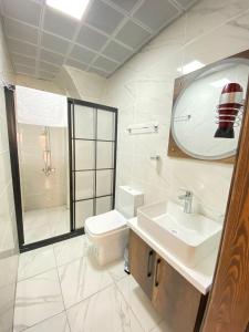 a bathroom with a toilet and a sink and a mirror at Mezopotamya Ruya Konak in Urfa +35 photos