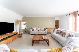 a living room with a couch and a tv at Villa spacieuse et accueillante in La Roque-sur-Cèze