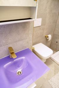 ein Badezimmer mit einem lila Waschbecken und einem WC in der Unterkunft Casa Maribel in Luino + 7 Fotos