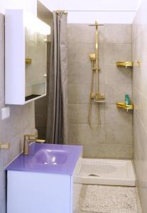 ein Badezimmer mit einem lila Waschbecken und einer Dusche in der Unterkunft Casa Maribel in Luino