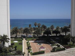 a view of a park with palm trees and the ocean at Viña del Mar Apartament Suite in Viña del Mar
