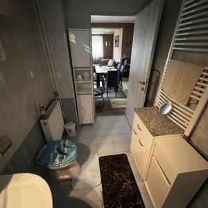 a small bathroom with a toilet and a table at Arany Vendégház in Szarvas