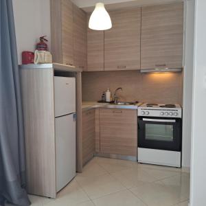 a kitchen with a white refrigerator and a stove at Ithaca in Perdika