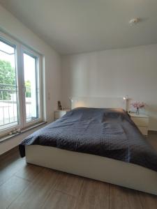 sypialnia z dużym łóżkiem i dwoma oknami w obiekcie Concept Köln w Kolonii