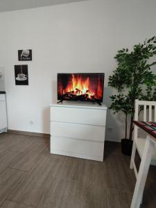 telewizor na białej komodzie z ogniem w środku w obiekcie Concept Köln w Kolonii