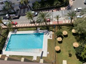 an overhead view of a swimming pool with palm trees at Apartamento El Palmeral Aguadulce in Aguadulce