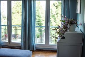 アテネにあるPark view apartment in Chalandriの窓があり、ドレッサーの上に植物が置かれている部屋