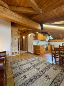 a large living room with a large rug on the floor at Effealatapartments - La Perla della Val di Sole in Dimaro