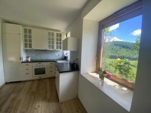 a kitchen with a large window with a view of a mountain at Gîte de Chamelet - Nature et tranquillité in Chamelet
