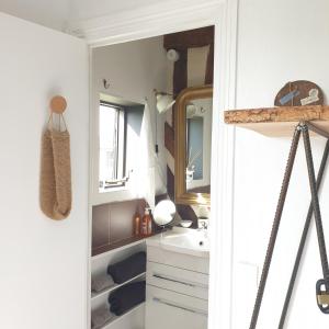 a bathroom with a sink and a mirror at Par Hasard ou pas in Saint-Martin-aux-Chartrains