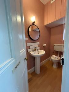 un bagno con lavandino, WC e specchio di Giltar Grove Country House a Tenby