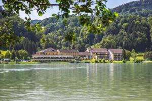 Haibach ob der DonauRiverresort Donauschlinge的湖畔的大建筑