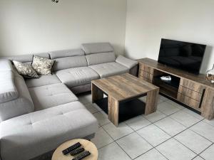 a living room with a couch and a television at Maison de ville 2 chambres in Dangé