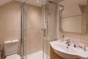 ein Badezimmer mit Dusche, Waschbecken und Toilette in der Unterkunft 5 Keeper's Cottage, Hillfield in Dartmouth