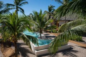 a resort pool with palm trees on the beach at Mangle Rojo Palafitos in La Manzanilla