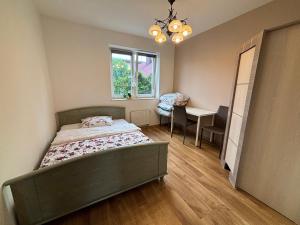 ジェシュフにあるApartament #MATUSZCZAKA FV Parking Balkonのベッドと机と窓のある寝室
