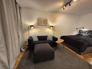 a bedroom with a bed and a couch and a chair at Klimatyczna kawalerka w centrum No 2 in Gdynia