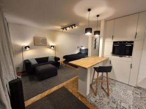 a living room with a couch and a table in a room at Klimatyczna kawalerka w centrum No 2 in Gdynia