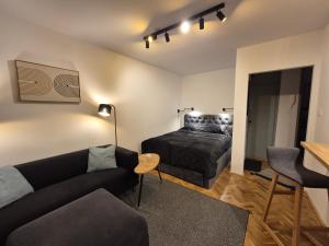 a living room with a couch and a bed at Klimatyczna kawalerka w centrum No 2 in Gdynia +4 photos