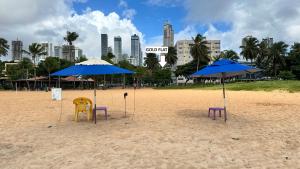 zwei Stühle und zwei Sonnenschirme am Strand in der Unterkunft Flat à Beira-Mar na Praia de Cabo Branco 327 in João Pessoa