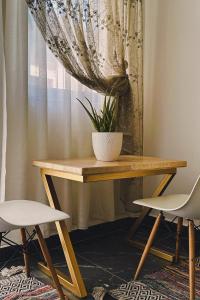 una mesa con una maceta encima. en Canarin Hostel, en Shkodër