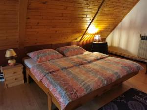a bedroom with a bed with a wooden ceiling at Holiday House - Hidden in Velebit in Senj