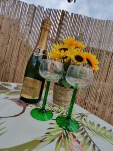 zwei Gläser und eine Flasche Wein und Blumen auf einem Tisch in der Unterkunft Studio Les Deux Grenouilles 5mn de Colmar in Herrlisheim-près-Colmar + 13 Fotos